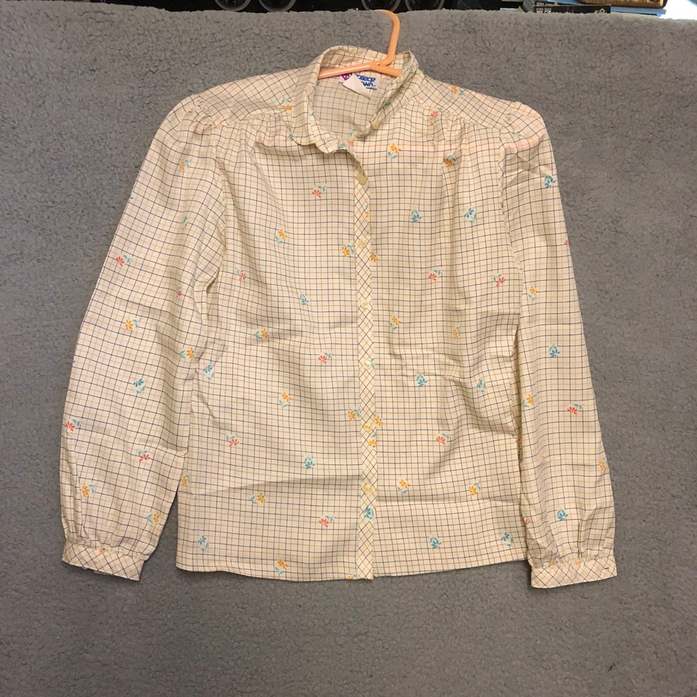 Vintage College Town Floral Grid Blouse Dacron Polyester Button Down Shirt M